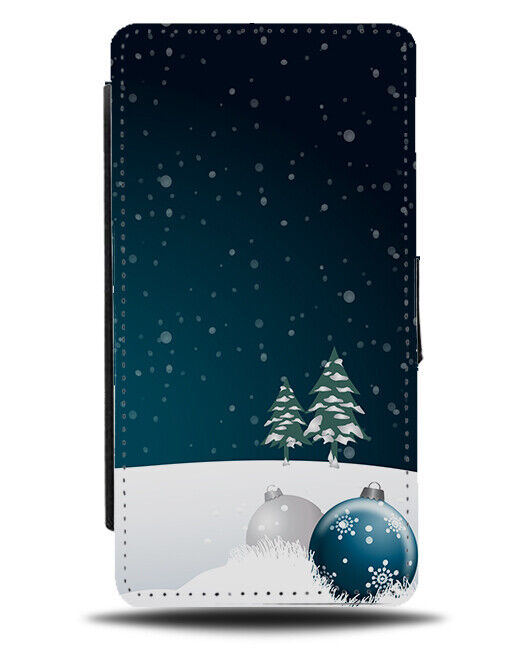 Snowing Winter Christmas Cartoon Scene Picture Flip Wallet Case Hill Tree N924