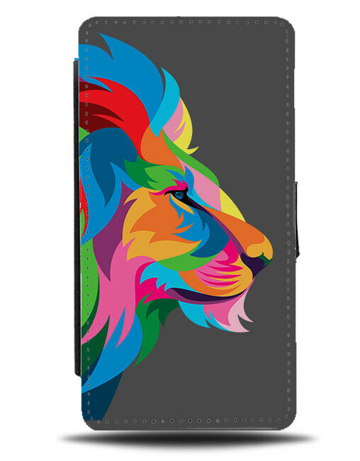 Dark Grey Coloured Colourful Lion Popart Flip Wallet Case Lions Head Mane H963