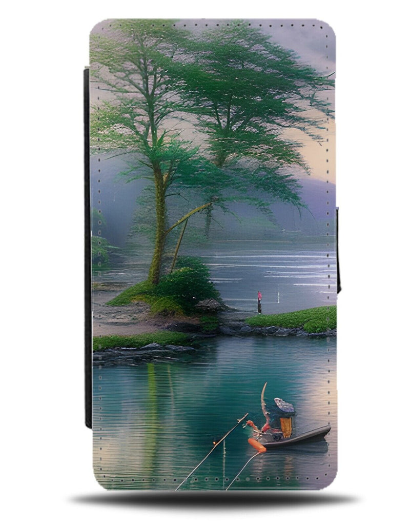 Scenic Lake Fishing Flip Wallet Case Fish River Boat Painting Art Rod Rods AN43