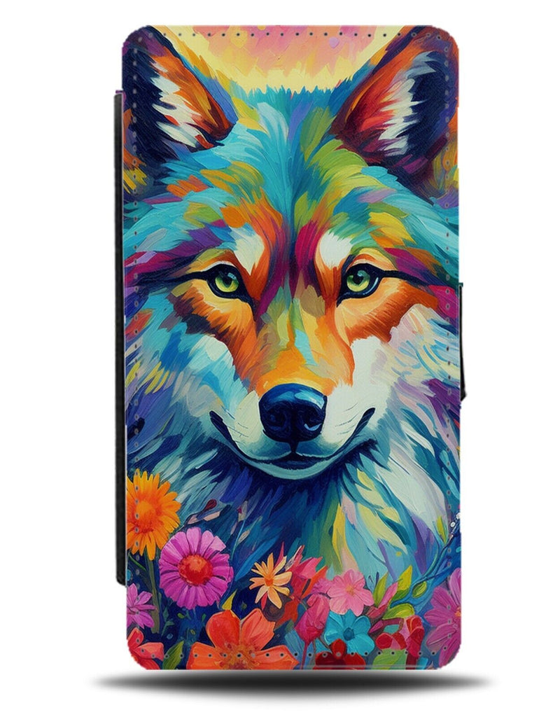 Colourful Wolfs Face Flip Wallet Case Wolf Wolves Head Artwork Multicolour BY60