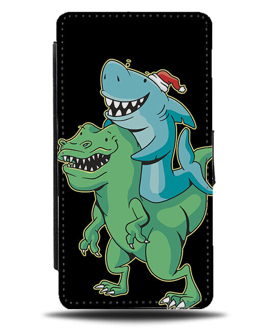 Shark Riding Dinosaur Flip Wallet Case Funny Sharks Christmas Dinosaurs Hat N953