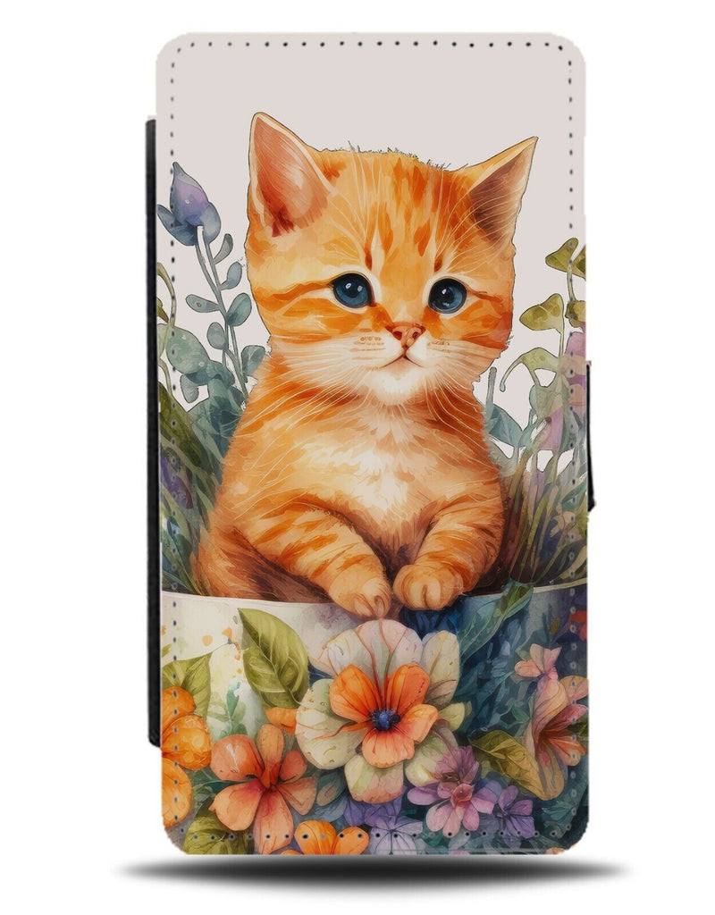 Ginger Kitten In Teacup Flip Wallet Case Flower Flowers Floral Cat Kittens BB73