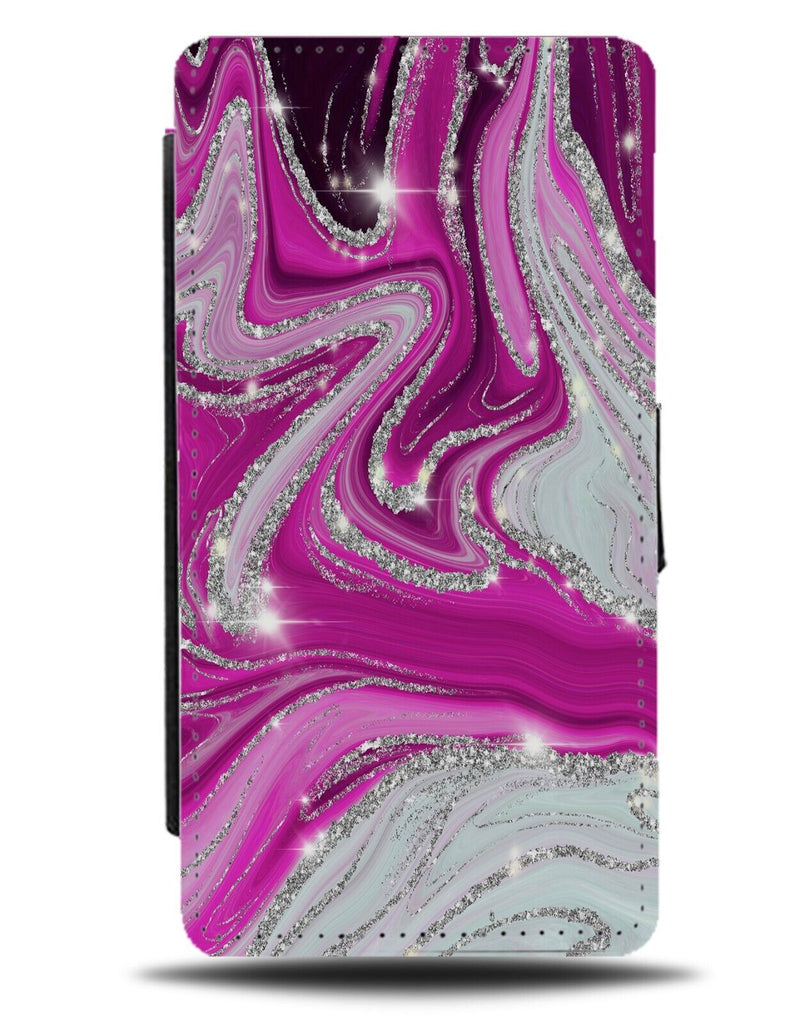 Silver and Dark Pink Agate Swirling Marble Effect Print Flip Wallet Case CJ52