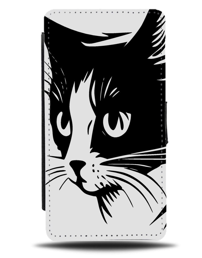 Black and White Cats Face Flip Wallet Case Pussy Pussycat Head Retro Simple AF75