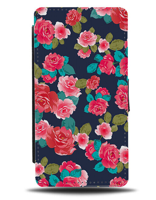 Red and Pink Roses Floral Pattern Flip Wallet Case Wallpaper Rose Flower E582