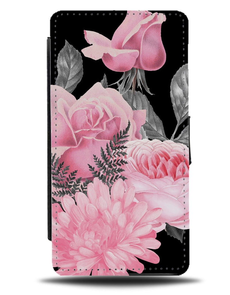 Black Pink and Grey Flowers Flip Wallet Case Gothic Chick Floral Roses Goth AI83