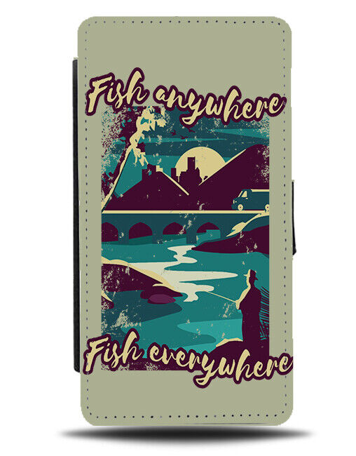 Vintage Fishing Poster Design Flip Wallet Case Fish Silhouette Mens J348
