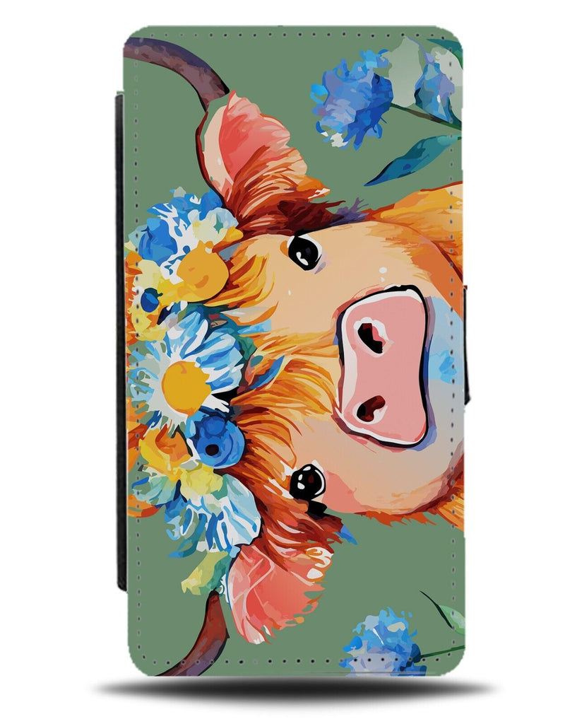 Highland Cow In WIndflower Crown Flip Wallet Case Windflowers Floral Flower CB55