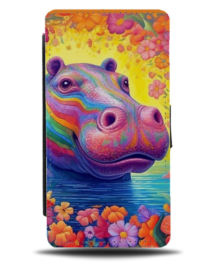 Colourful Hippo Face Flip Wallet Case Hippos Cartoon Rainbow Hippopotamus DB48