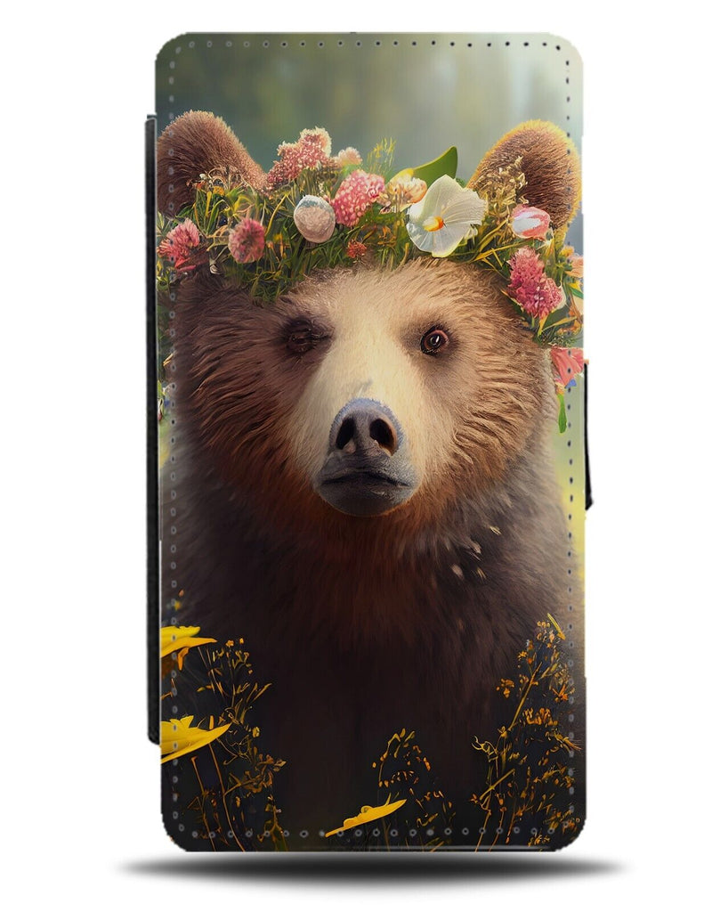 Brown Bear In Flower Crown Flip Wallet Case Floral Funny Novelty Grizzly CG20