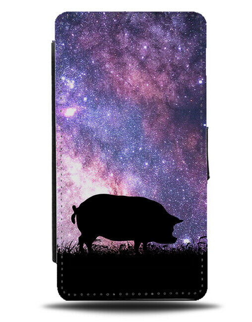 Pig Silhouette Flip Cover Wallet Phone Case Pigs Space Stars Night Sky i189