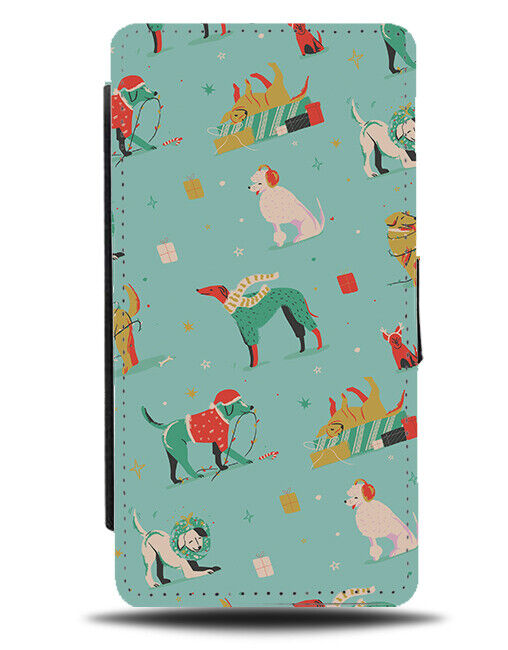 Festive Christmas Pattern Flip Wallet Case Dog Dogs Doggy Puppy Design N936