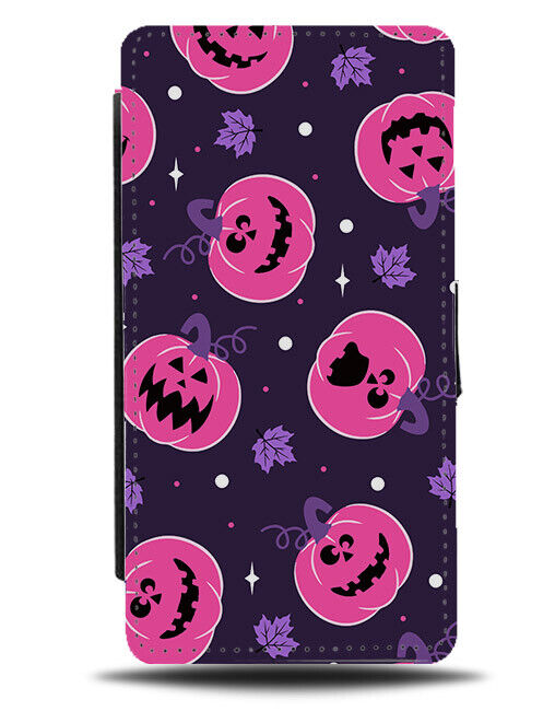 Hot Pink Pumpkins Flip Wallet Case Neon Halloween Design Purple Leaves N645