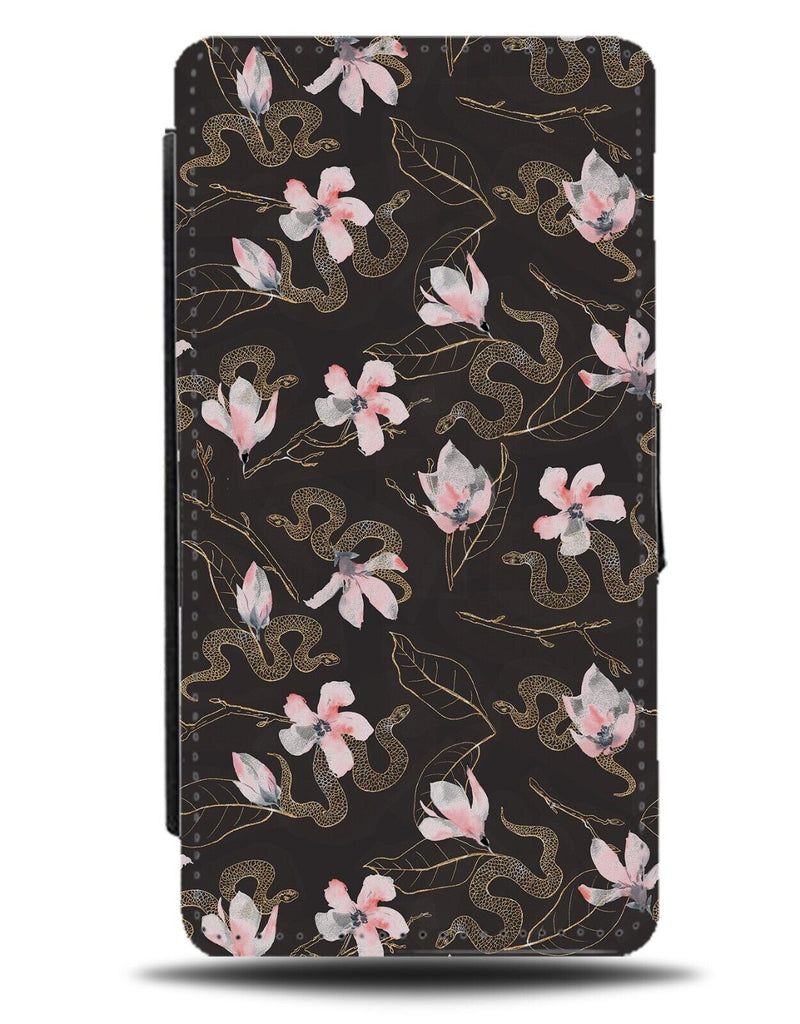 Floral Snakes Pattern Flip Wallet Case Brown Black Snake Flowers Petals C171