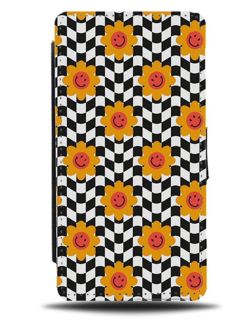 Retro Black & White Chequered Sunflowers Flip Wallet Case Floral Squares DB41