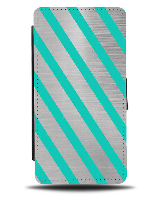 Silver & Turquoise Green Striped Flip Cover Wallet Phone Case Stripey Grey i827