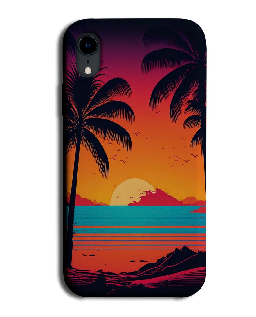 Cartoon Sunset On The Beach Over The Ocean Phone Case Cover Sea Palm Trees BU57