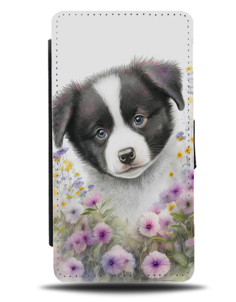 Baby Border Collie Flip Wallet Case Flowers Collies Dog Dogs Pup Puppy Cute AD06