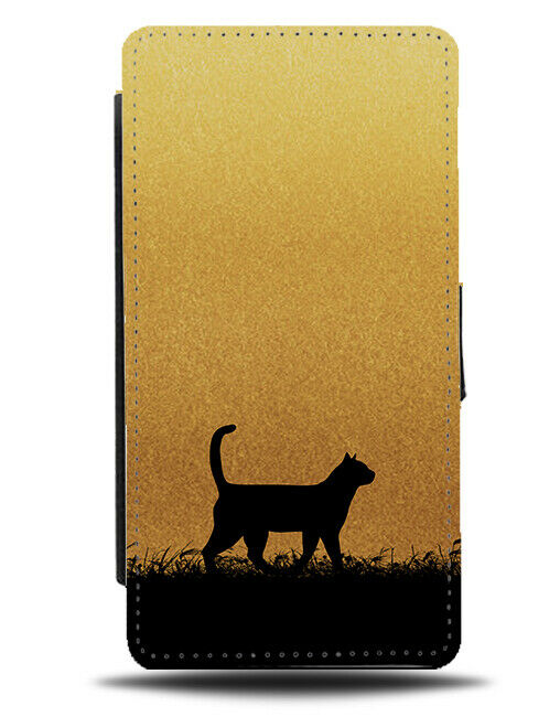 Cat Silhouette Flip Cover Wallet Phone Case Cats Gold Golden Black Coloured H984