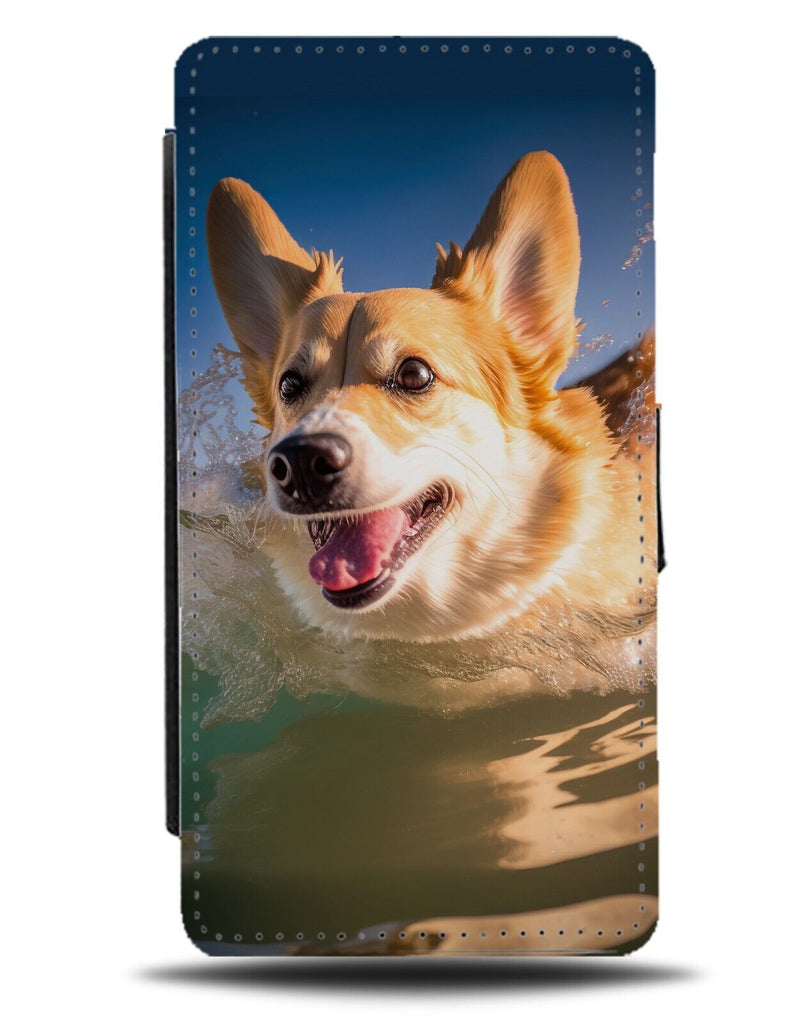 Splashing Welsh Corgi Flip Wallet Case Corgis Dog Dogs Swimming Photo Image CB17