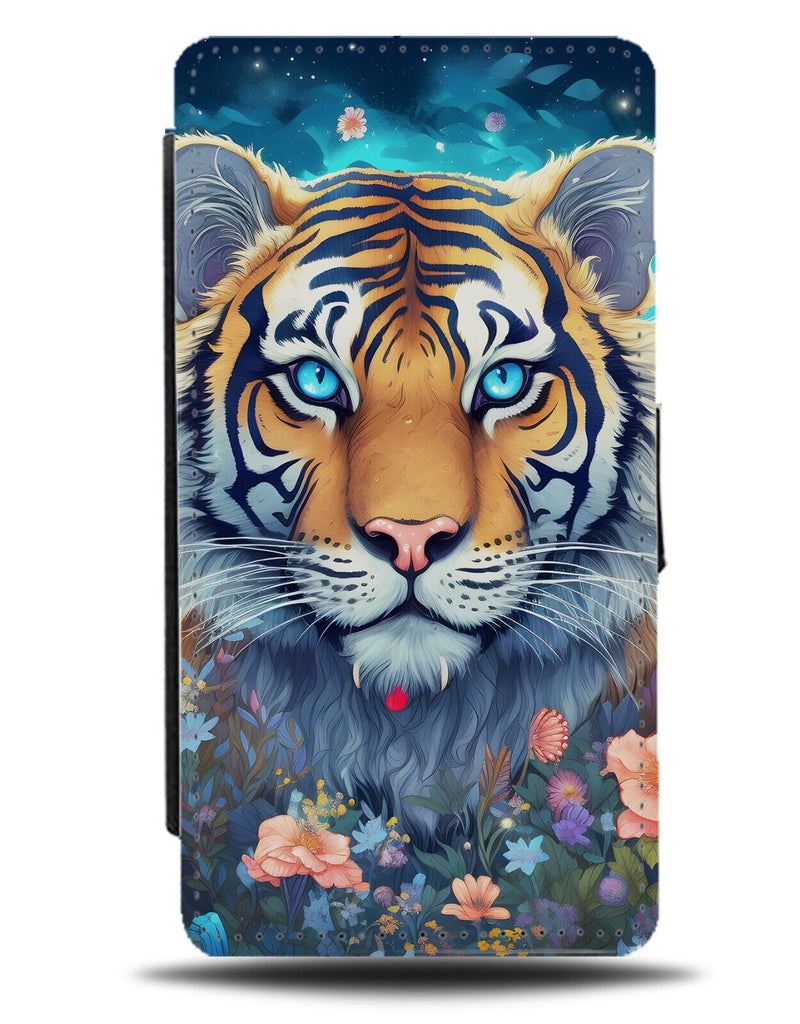 Floral Tiger Face Flip Wallet Case Blue Eyes Beautiful Animal Portrait Zoo CR65