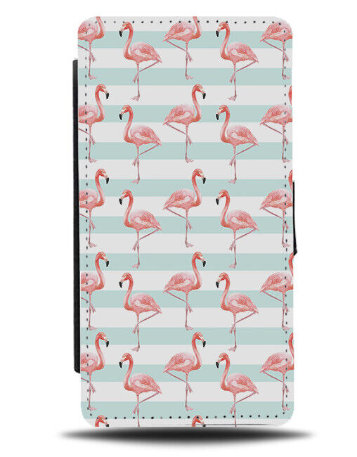 Retro Striped Flamingos Pattern Flip Wallet Case Stripes Mint Green Pink & AA68
