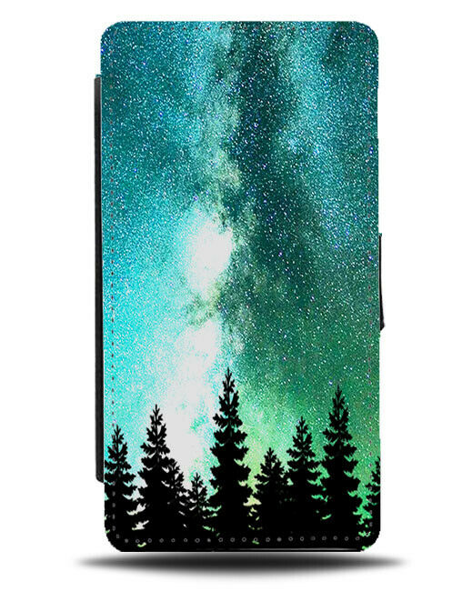 Green Night Sky Flip Cover Wallet Phone Case Forrest Space Stars Silhouette C113