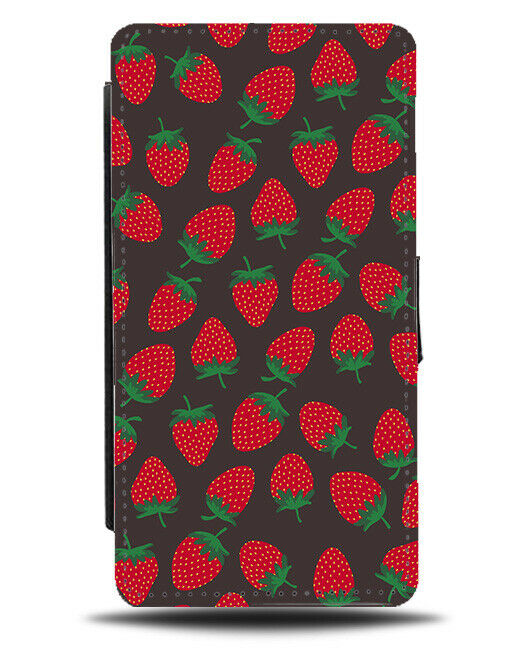 Black and Red Strawberry Retro Fruit Flip Wallet Case Strawberries Shapes F079