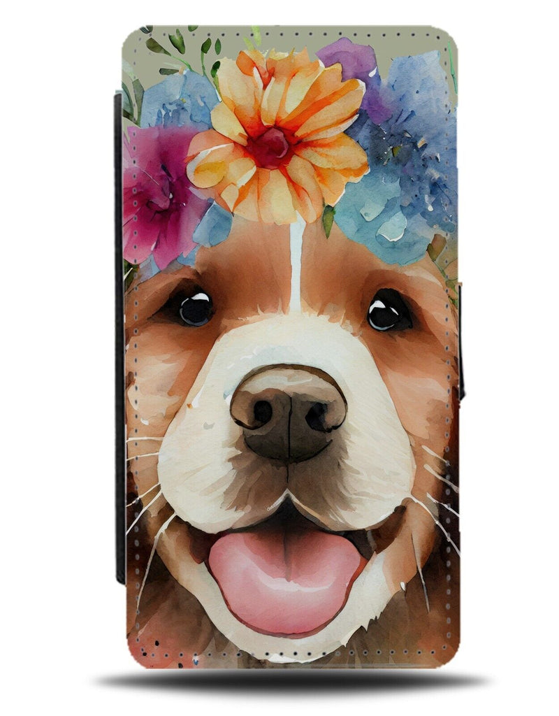 Brown and White Golden Retriever With Flower Crown Flip Wallet Case Princes AH44