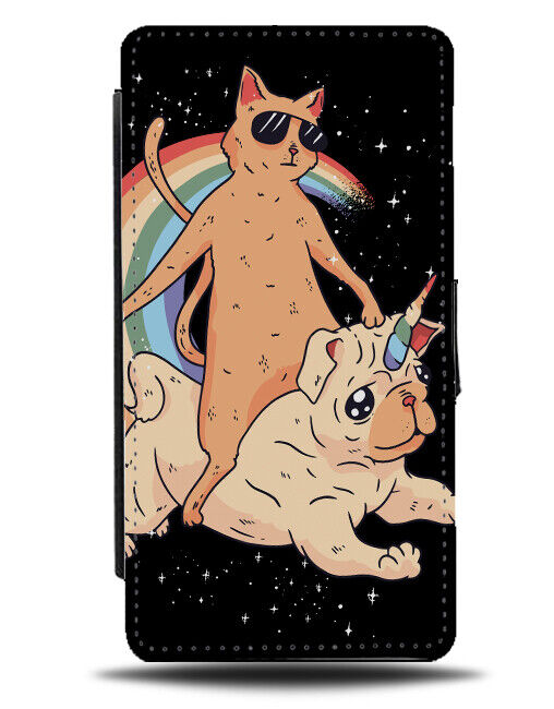 Thug Life Kitten Riding Unicorn Pug Over Rainbow Flip Wallet Case Cat Space K202