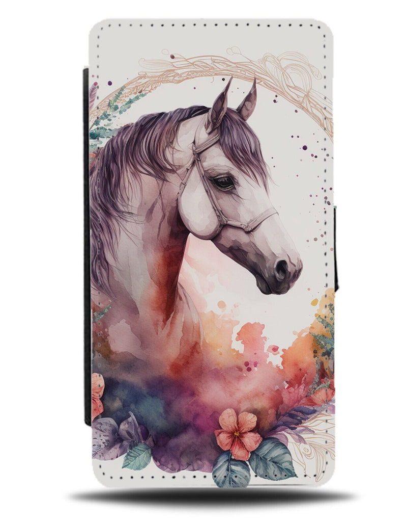 Watercolour Floral Horse Painting Flip Wallet Case Artwork Horses Whit Head BD72