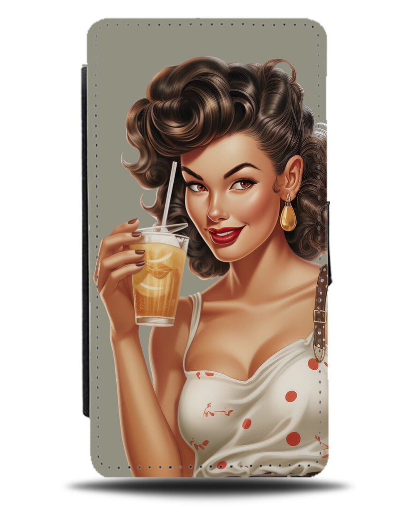 Vintage Pin Up Girl With Iced Coffee Flip Wallet Case Ice Latte Coffees Cup CT54