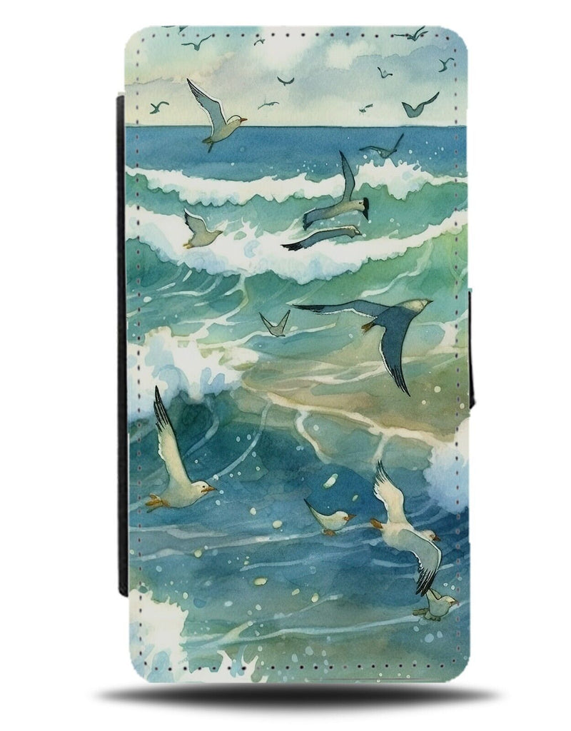 Beach Watercolour Flip Wallet Case Water Colour Coast Birds Sea Ocean Waves AW89