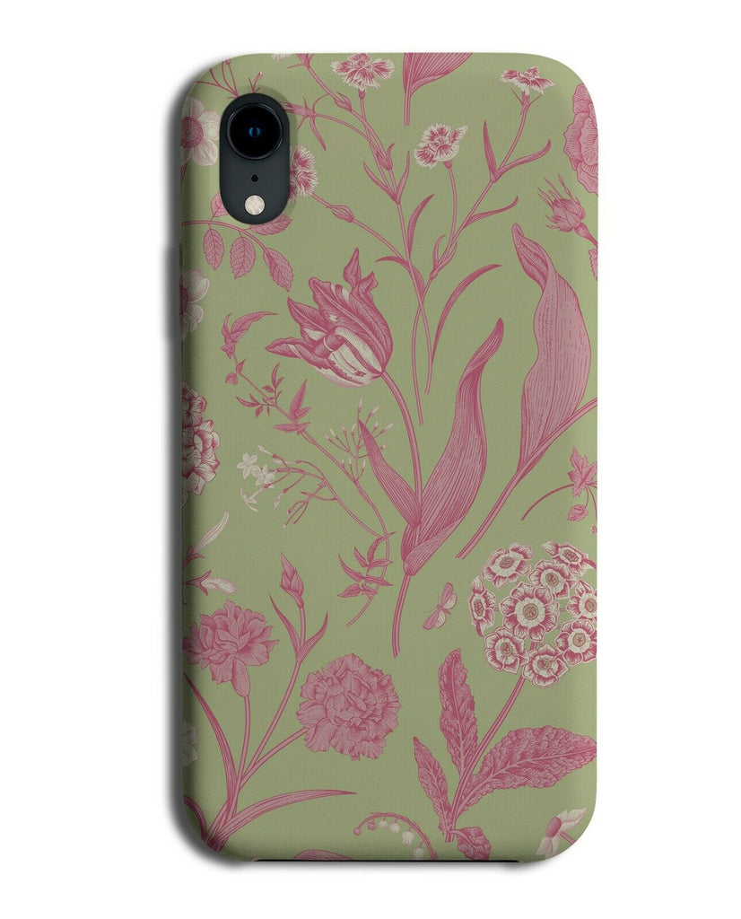 Dark Mint Green and Hot Pink Flowers Phone Case Cover Floral Leaves Drawing G206