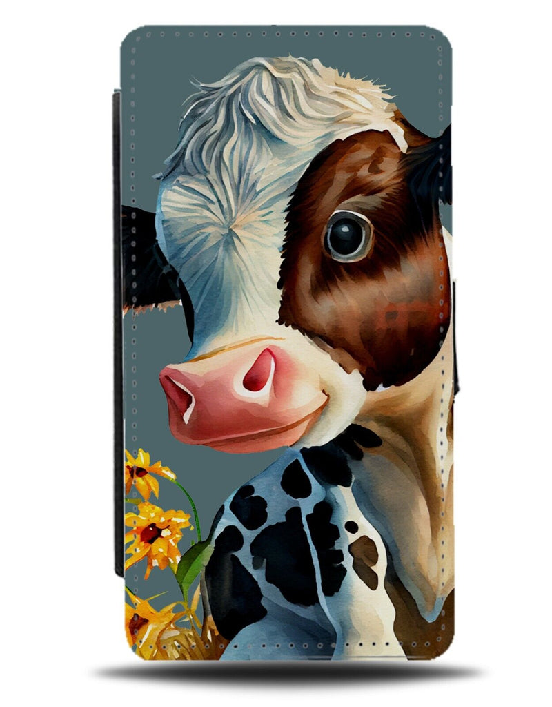 Shy Baby Cow Flip Wallet Case Brown and White Flowers Dairy Cows Picture AH20
