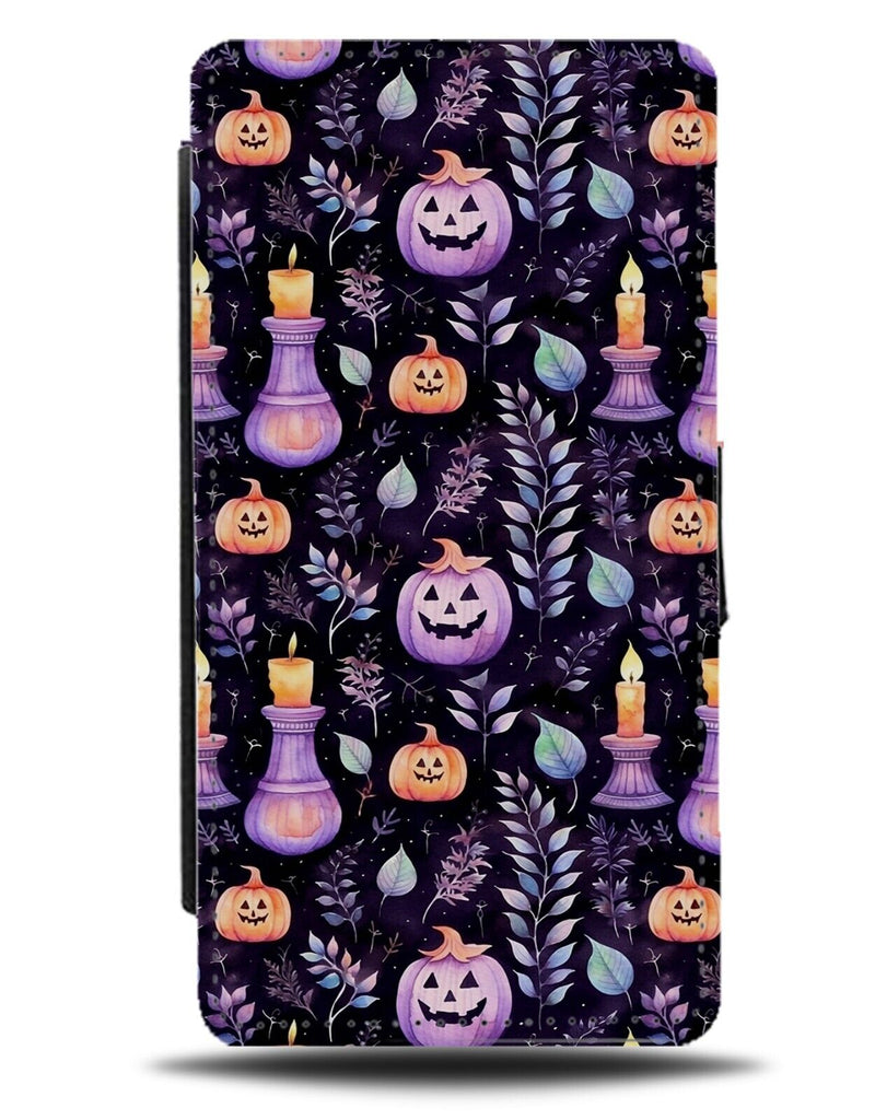 Purple Pumpkins On Black Flip Wallet Case Pumpkin Halloween Candle Lilac CV61