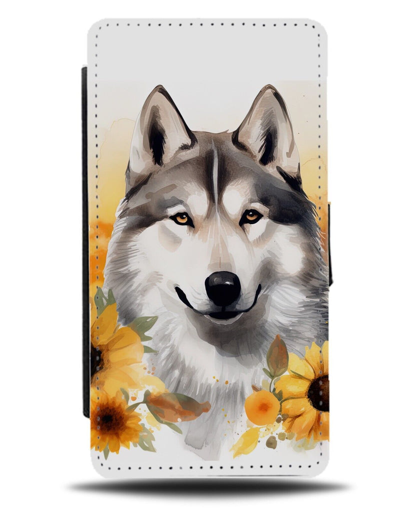 Sunflower Husky Dog Flip Wallet Case Dogs Huskies Sunflowers Face Head Sun DC42