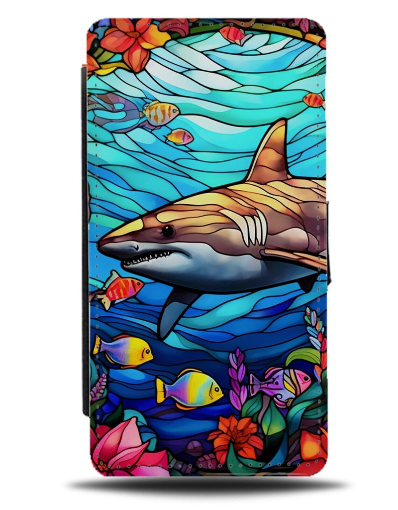 Great White Shark Stained Glass Design Flip Wallet Case Window Sharks Pane CN53