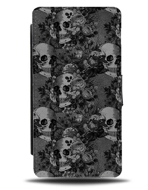 Gothic Skulls With Flowers Flip Wallet Case Floral Skeleton Faces Heads G054