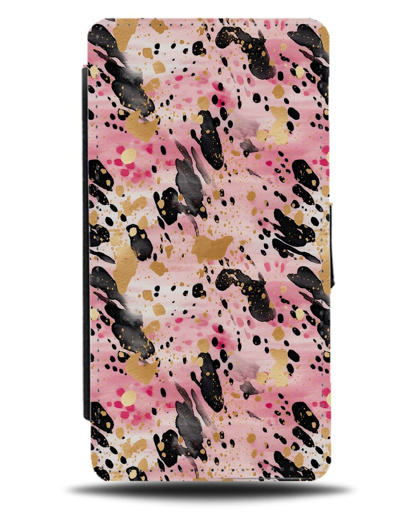 Pink Gold and Black Paint Splatters Flip Wallet Case Golden Splats Marks CJ84
