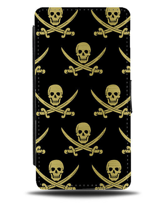 Black and Gold Pirate Skulls Pattern Flip Cover Wallet Phone Case Skull & si441