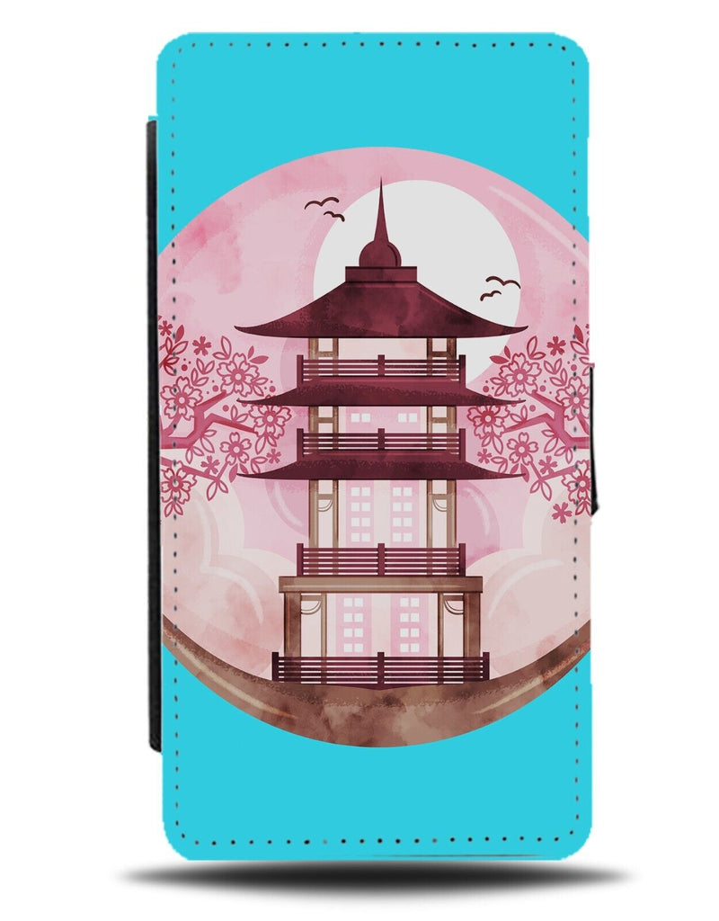 Japanese Temple Flip Wallet Case Japan Temple Cherry Blossoms Blue Pink AU75