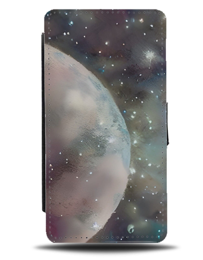 Dark Grey Moon Side Flip Wallet Case Half Curve Planet Planets Space Sky AX22