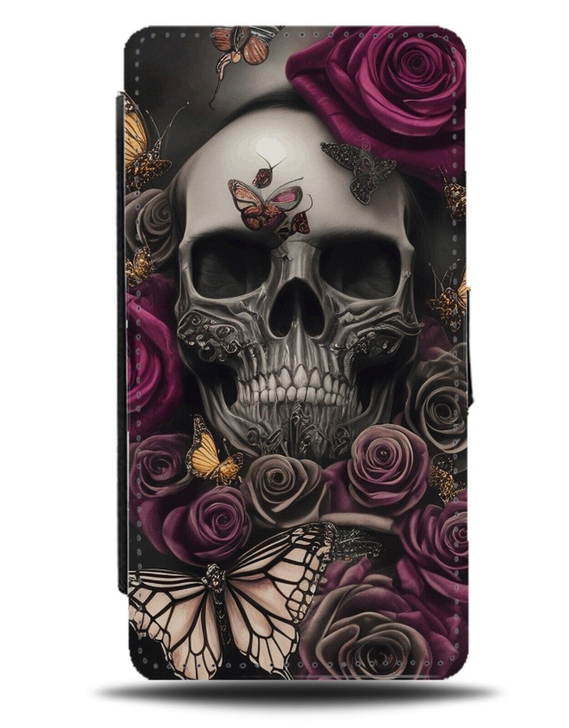 Gothic Floral Skull Flip Wallet Case Grunge Goth Roses Flowers Punk Rock CX44
