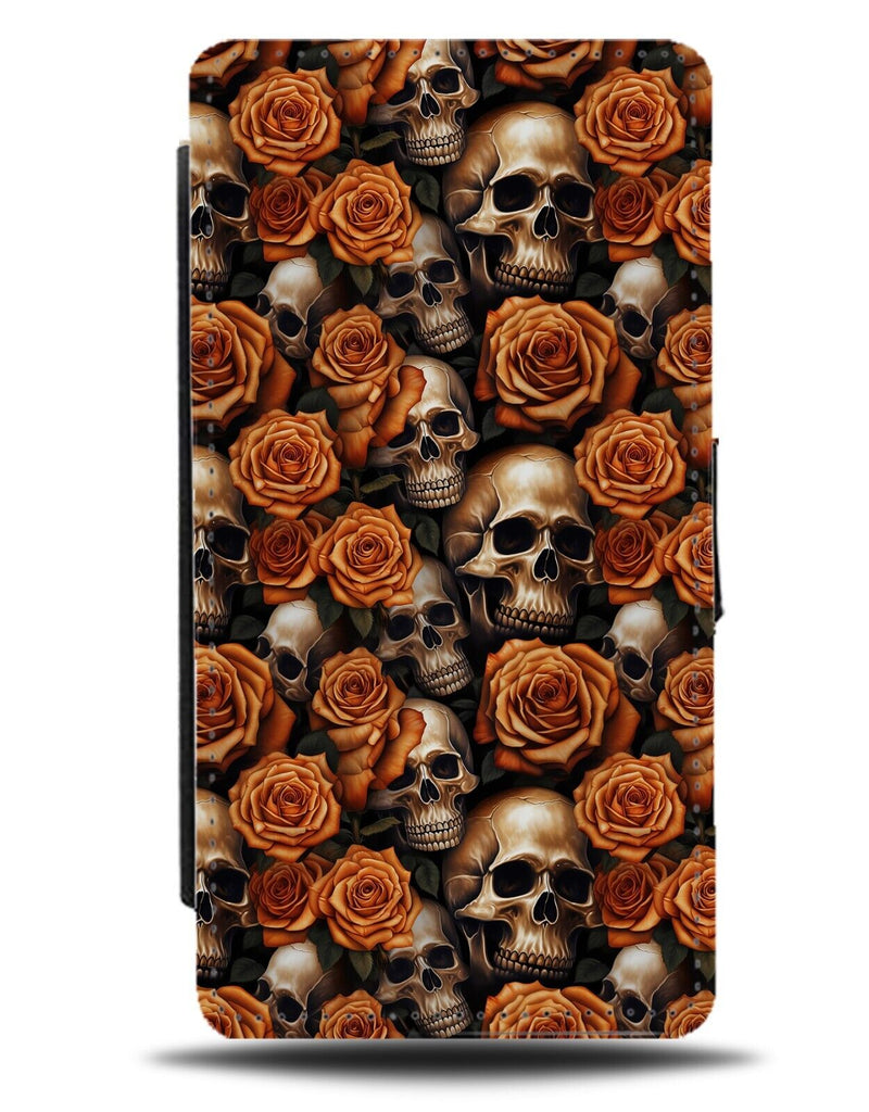 Orange Skulls and Roses Flip Wallet Case Skull Rose Flowers Coloured Gothic CF03