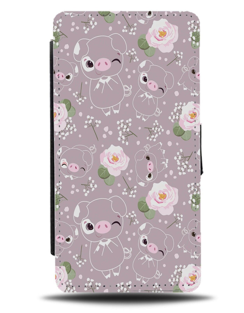 Floral Pigs Flip Wallet Case Piggy Pig Grey Roses Rose Flower Petals Piglet CC01