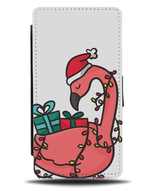 Christmas Flamingo Themed Flip Wallet Case In Santa Hat Lights Presents J391