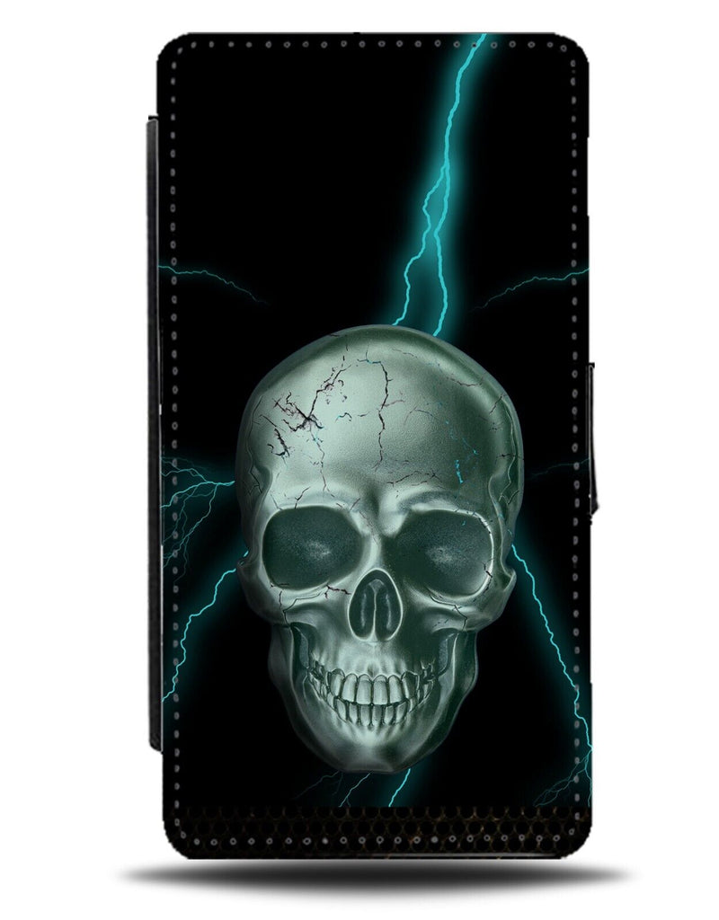 Skeleton Head Lightning Bolt Flip Wallet Case Bolts Of Skull Face Blue CH21