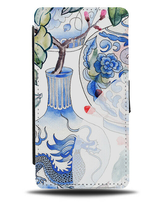 Blue Stained Vase Dragon Flip Wallet Case Floral Dragons Picture Flowers G162