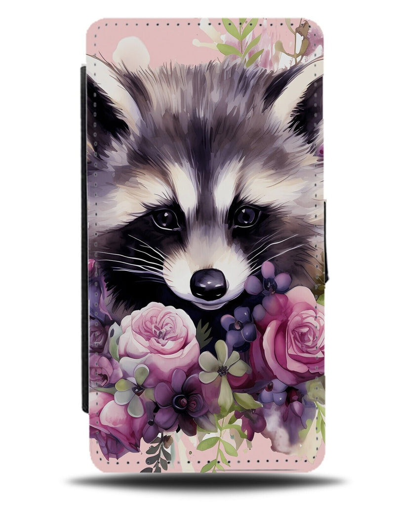 Floral Raccoon Face Flip Wallet Case Flowers Pink Cute Adorable Animal Girl DE40